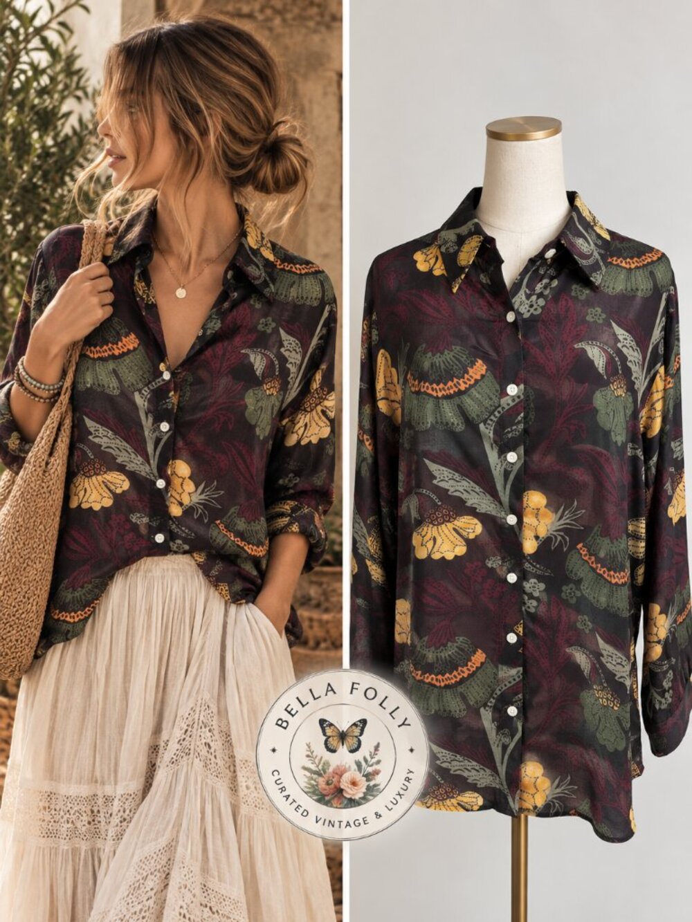 Oliphant Turin Wine Floral Button Down Blouse NWT Netflix Wardrobe Med Boho Fall